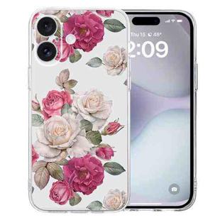 For iPhone 16 Colored Drawing Pattern Transparent TPU Phone Case(Peony)