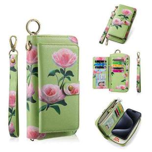 For iPhone 15 Pro Max POLA MagSafe Flower Multi-functional Zipper Wallet Leather Phone Case(Green)