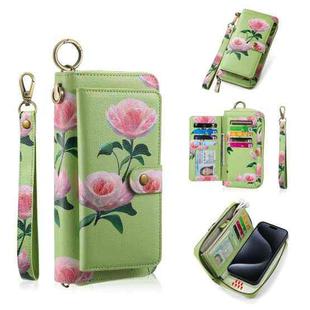 For iPhone 15 Pro POLA MagSafe Flower Multi-functional Zipper Wallet Leather Phone Case(Green)