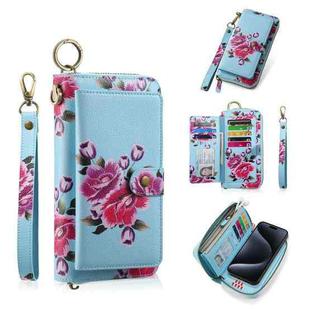 For iPhone 15 Pro POLA MagSafe Flower Multi-functional Zipper Wallet Leather Phone Case(Sky Blue)