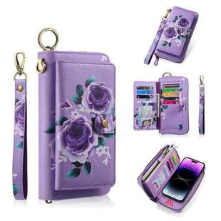For iPhone 14 Plus POLA MagSafe Flower Multi-functional Zipper Wallet Leather Phone Case(Purple)