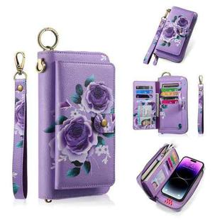 For iPhone 14 POLA MagSafe Flower Multi-functional Zipper Wallet Leather Phone Case(Purple)