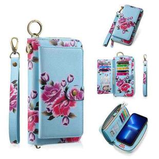 For iPhone 13 Pro POLA MagSafe Flower Multi-functional Zipper Wallet Leather Phone Case(Sky Blue)