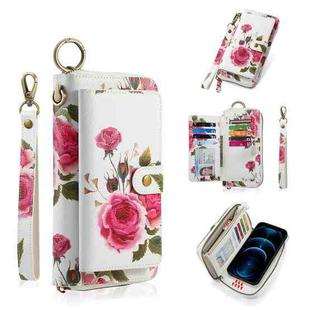 For iPhone 12 / 12 Pro POLA MagSafe Flower Multi-functional Zipper Wallet Leather Phone Case(Beige)