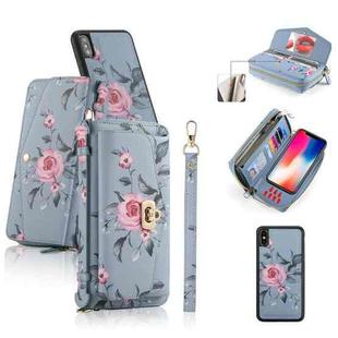 For iPhone X / XS POLA Flower Multi-functional Crossbody Zipper Wallet Leather Phone Case(Blue)