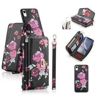For iPhone XR POLA Flower Multi-functional Crossbody Zipper Wallet Leather Phone Case(Black)