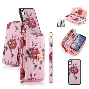 For iPhone XR POLA Flower Multi-functional Crossbody Zipper Wallet Leather Phone Case(Pink)