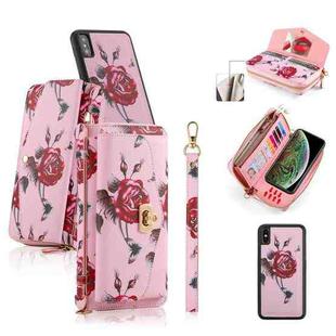 For iPhone XS Max POLA Flower Multi-functional Crossbody Zipper Wallet Leather Phone Case(Pink)