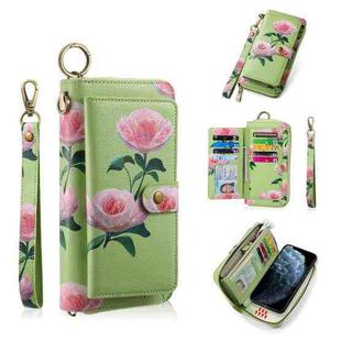 For iPhone 11 Pro POLA Flower Multi-functional Zipper Wallet Leather Phone Case(Green)