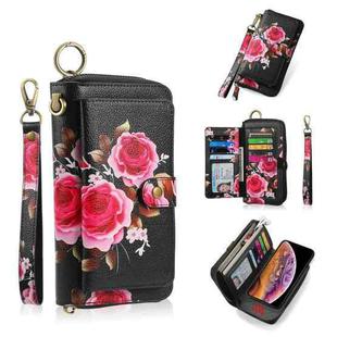 For iPhone XR POLA Flower Multi-functional Zipper Wallet Leather Phone Case(Black)