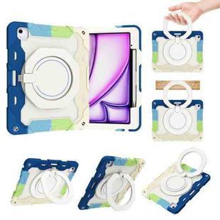 For iPad Air 13 2024 Armor Portable Rotating Ring Holder Silicone Tablet Case with Pen Slot(Colorful Blue)