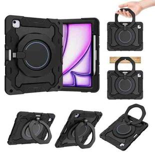 For iPad Air 13 2024 Armor Portable Rotating Ring Holder Silicone Tablet Case with Pen Slot(Black)