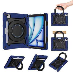 For iPad Air 11 2024 Armor Portable Rotating Ring Holder Silicone Tablet Case with Pen Slot(Navy Blue)