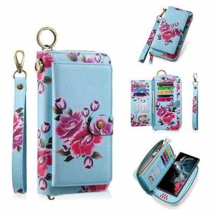 For Samsung Galaxy S22 Ultra 5G POLA Flower Multi-functional Zipper Wallet Leather Phone Case(Sky Blue)