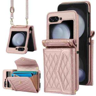 For Samsung Galaxy Z Flip5 Splicing Rhombic Texture Phone Case with Long & Short Lanyard, Not Included Pen(Rose Gold)