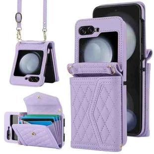 For Samsung Galaxy Z Flip5 Splicing Rhombic Texture Phone Case with Long & Short Lanyard, Not Included Pen(Purple)