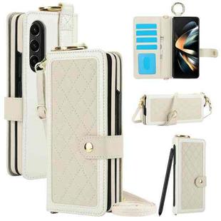 For Samsung Galaxy Z Fold4 Splicing Rhombic Texture Phone Case with Long & Short Lanyard, Not Included Pen(Beige)