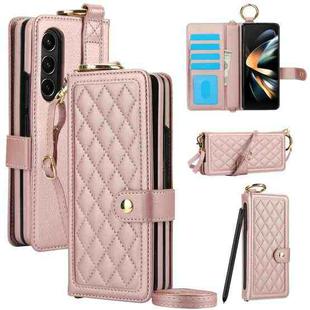 For Samsung Galaxy Z Fold4 Splicing Rhombic Texture Phone Case with Long & Short Lanyard, Not Included Pen(Rose Gold)