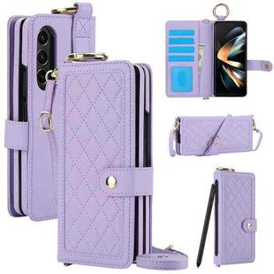 For Samsung Galaxy Z Fold4 Splicing Rhombic Texture Phone Case with Long & Short Lanyard, Not Included Pen(Purple)