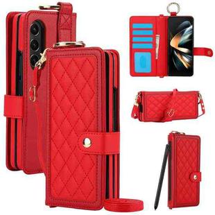For Samsung Galaxy Z Fold4 Splicing Rhombic Texture Phone Case with Long & Short Lanyard, Not Included Pen(Red)