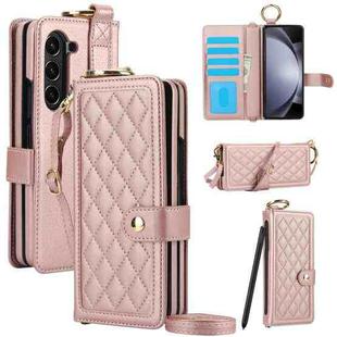 For Samsung Galaxy Z Fold5 Splicing Rhombic Texture Phone Case with Long & Short Lanyard, Not Included Pen(Rose Gold)