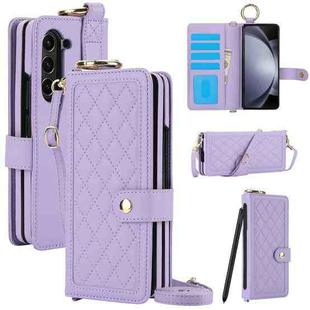 For Samsung Galaxy Z Fold5 Splicing Rhombic Texture Phone Case with Long & Short Lanyard, Not Included Pen(Purple)