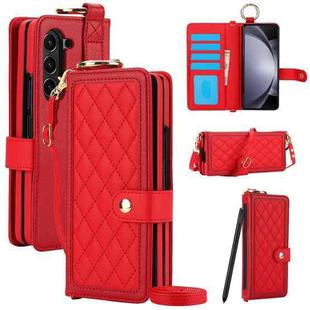 For Samsung Galaxy Z Fold5 Splicing Rhombic Texture Phone Case with Long & Short Lanyard, Not Included Pen(Red)