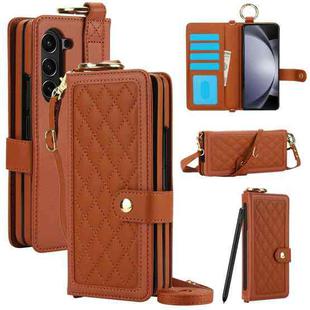 For Samsung Galaxy Z Fold6 Splicing Rhombic Texture Phone Case with Long & Short Lanyard, Not Included Pen(Brown)