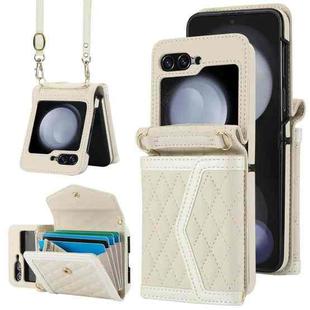 For Samsung Galaxy Z Flip7 5G Splicing Rhombic Texture Phone Case with Long & Short Lanyard, Not Included Pen(Beige)