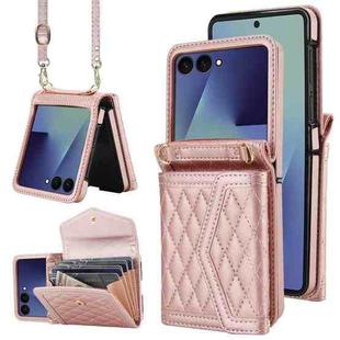 For Samsung Galaxy Z Flip7 5G Splicing Rhombic Texture Phone Case with Long & Short Lanyard, Not Included Pen(Rose Gold)