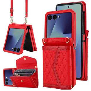For Samsung Galaxy Z Flip7 5G Splicing Rhombic Texture Phone Case with Long & Short Lanyard, Not Included Pen(Red)