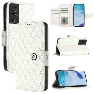 For TCL 40 SE Rhombic Texture Flip Leather Phone Case with Lanyard(White)