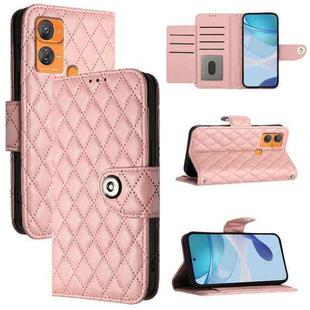 For Oukitel C33 Rhombic Texture Flip Leather Phone Case with Lanyard(Coral Pink)