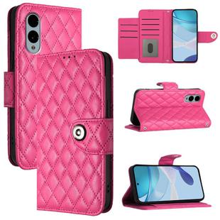 For Fujitsu Arrows We2 Plus F-51E Rhombic Texture Flip Leather Phone Case with Lanyard(Rose Red)