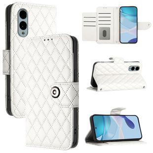 For Fujitsu Arrows We2 Plus F-51E Rhombic Texture Flip Leather Phone Case with Lanyard(White)