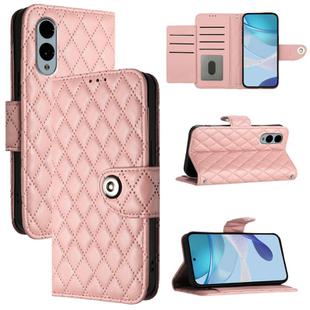 For Fujitsu Arrows We2 Plus F-51E Rhombic Texture Flip Leather Phone Case with Lanyard(Coral Pink)