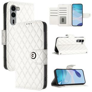For Fujitsu Arrows We2 F-52E Rhombic Texture Flip Leather Phone Case with Lanyard(White)