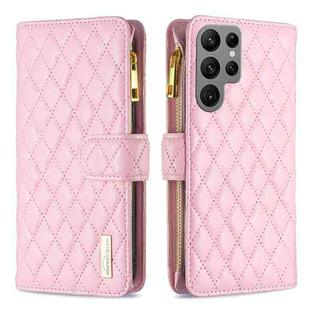 For Samsung Galaxy S25 Ultra 5G Diamond Lattice Zipper Wallet Leather Flip Phone Case(Pink)