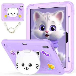 For iPad Air 11 2024 Cat Holder Silicone Hybrid PC Tablet Case with Strap(Purple)