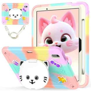 For iPad Air 11 2024 Cat Holder Silicone Hybrid PC Tablet Case with Strap(Colorful Rose Gold)