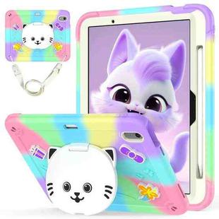 For iPad Air 11 2024 Cat Holder Silicone Hybrid PC Tablet Case with Strap(Colorful Purple)