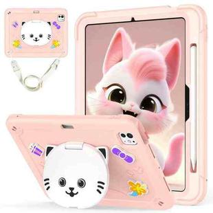 For iPad Pro 11 2024 Cat Holder Silicone Hybrid PC Tablet Case with Strap(Rose Pink)