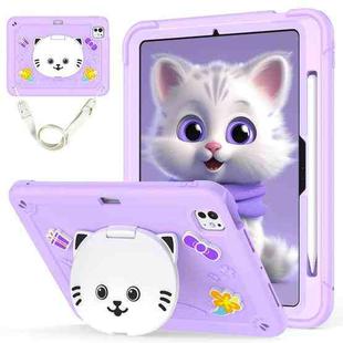 For iPad Pro 11 2024 Cat Holder Silicone Hybrid PC Tablet Case with Strap(Purple)