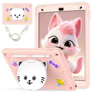 For iPad 10.2 2021 / 2020 / 2019 Cat Holder Silicone Hybrid PC Tablet Case with Strap(Rose Pink)