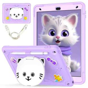 For iPad 10.2 2021 / 2020 / 2019 Cat Holder Silicone Hybrid PC Tablet Case with Strap(Purple)
