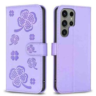 For Samsung Galaxy S25 Ultra 5G Four-leaf Embossed Leather Phone Case(Purple)
