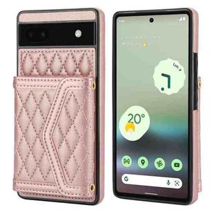 For Google Pixel 6a Splicing Rhombic Texture Card Bag Phone Case with Long Lanyard(Rose Gold)