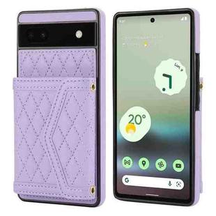 For Google Pixel 6a Splicing Rhombic Texture Card Bag Phone Case with Long Lanyard(Purple)
