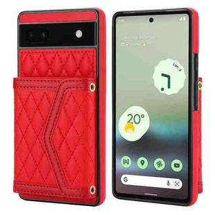 For Google Pixel 6a Splicing Rhombic Texture Card Bag Phone Case with Long Lanyard(Red)