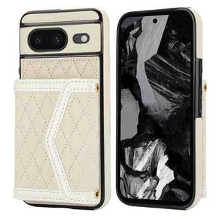 For Google Pixel 8 Splicing Rhombic Texture Card Bag Phone Case with Long Lanyard(Beige)